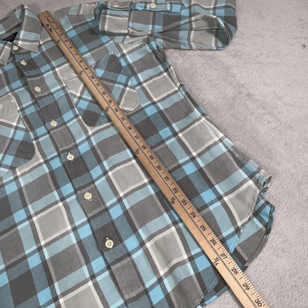Polo Ralph Lauren Shirt Womens L Gray Blue Plaid Flannel Long Sleeve 2 Pockets - Picture 6 of 12